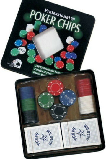 Set 100 Poker Chips in Metallic Box with 2 Decks