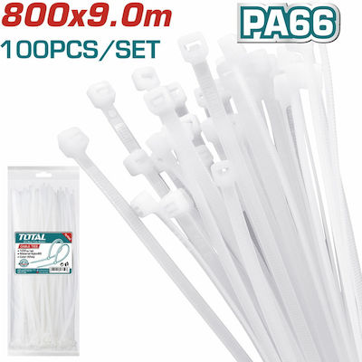 Total Pack of 100pcs White Plastic Cable Ties 800x9mm THTCT8001