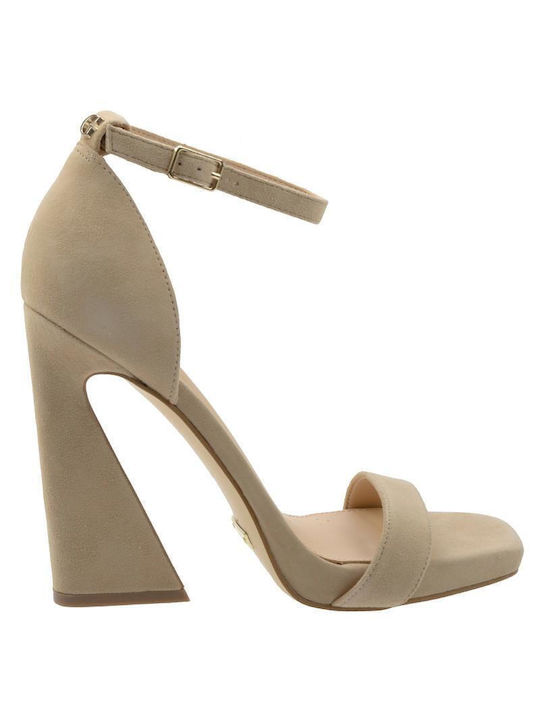 Guess Suede Women's Sandals with Chunky High Heel In Beige Colour