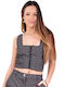 Women's Crop Top Cotton Sleeveless with Zipper Polka Dot Black