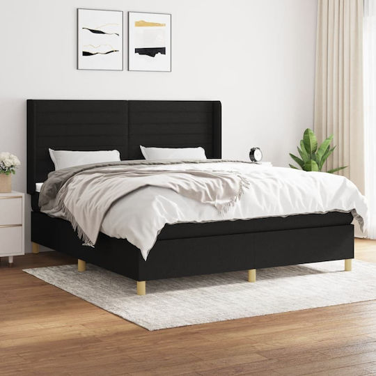 Bed Queen Upholstered with Fabric Black with Slats & Mattress 160x200cm