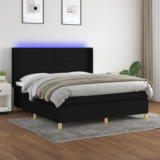 Bed Queen Upholstered with Fabric Black with Slats & Mattress 160x200cm