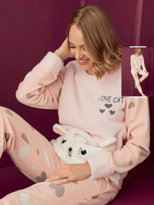 WOMEN'S PAJAMA FLEECE LOVE CAT PINK