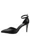 Stefania Leather Pointed Toe Stiletto Black High Heels with Strap