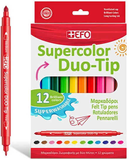 +Efo Supercolor Duo-Tip Μαρκαδόροι Ζωγραφικής Λεπτοί, με Διπλή Μύτη Σετ 12 χρώματα