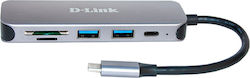 D-Link USB 3.0 3 Port Hub with USB-C Connection Gray