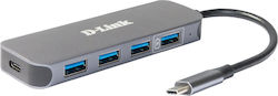 D-Link USB 3.0 Hub 5 Porturi cu conexiune USB-A și Port de încărcare Argint