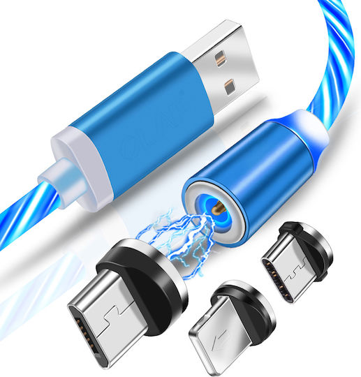 Techsuit LED USB to Lightning / Type-C / micro USB Cable Μπλε 1m (KF232285)