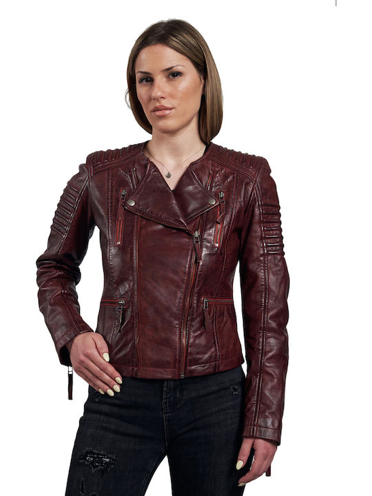 Mantison Women's Short Biker Leather Jacket for Winter Burgundy LS-0002
