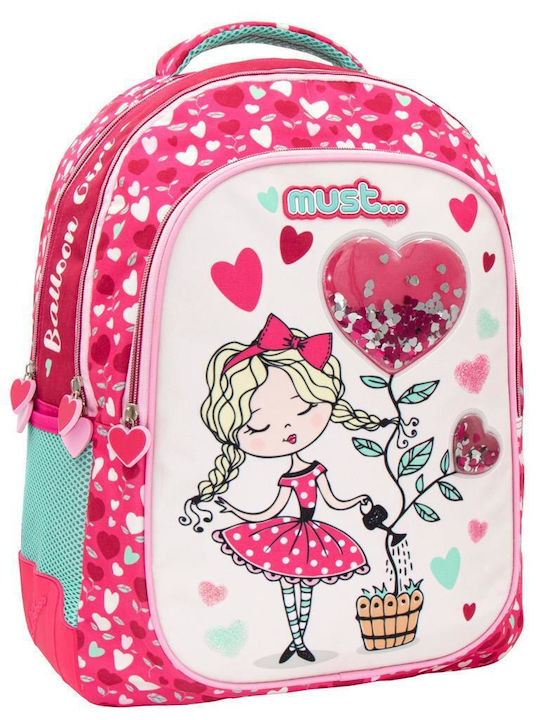 Must Balloon Girl with 3 Compartments School Bag Backpack Elementary, Elementary in Pink color