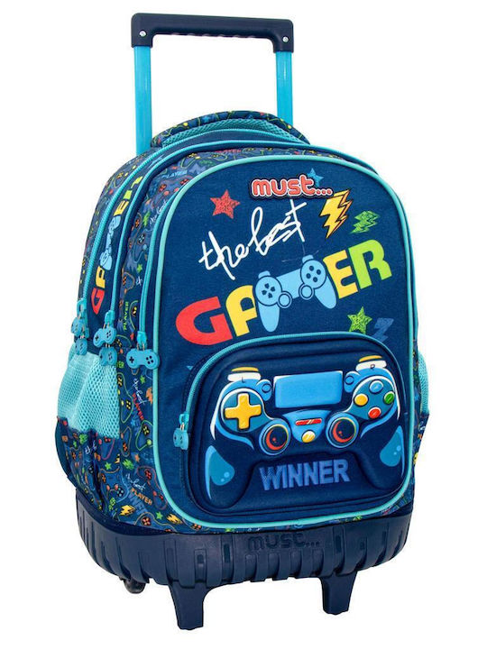 Must The Best Gamer with 3 Compartments School Bag Trolley Elementary, Elementary in Blue color