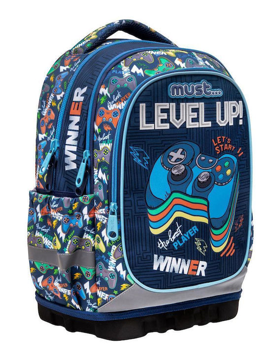 Must Unique Level Up with 3 Compartments School Bag Backpack Elementary, Elementary in Blue color