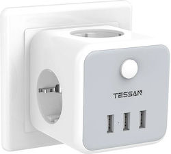 Tessan PowerCube 3 Θέσεων με Διακόπτη και 3 USB Χωρίς Καλώδιο Γκρι