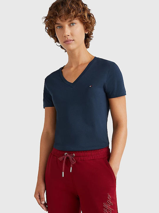 Tommy Hilfiger Damen T-Shirt mit V-Ausschnitt Marineblau