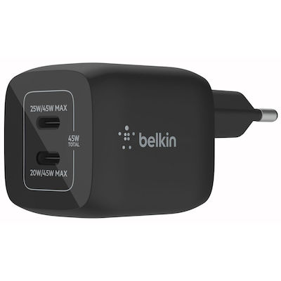 Belkin Φορτιστής Χωρίς Καλώδιο με 2 Θύρες USB-C 45W Power Delivery Μαύρος