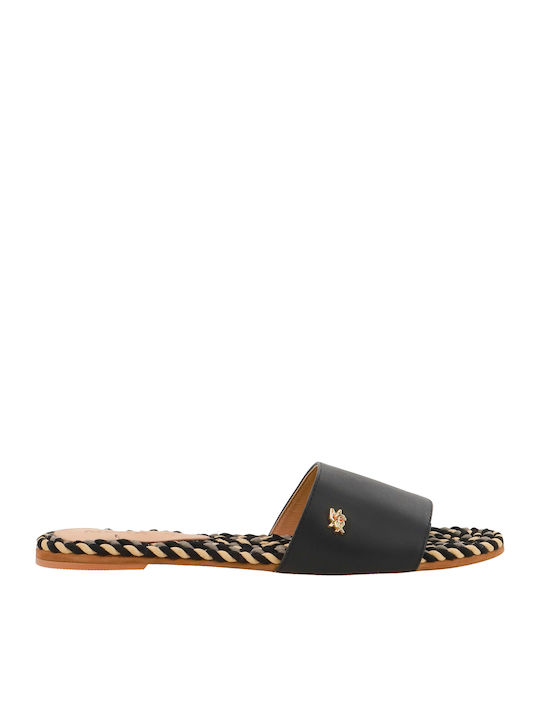Leather Women's Flat Sandals in Black Color