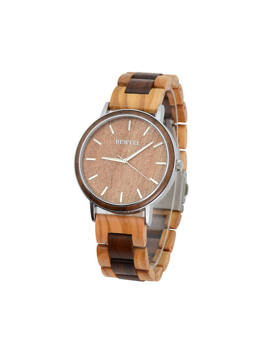 Ceas din lemn Bewell (Earth Silver - Brown) 41mm - 3ATM