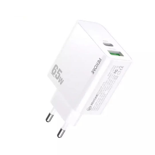 WK Φορτιστής Χωρίς Καλώδιο με Θύρα USB-A και Θύρα USB-C 65W Power Delivery / Quick Charge 3.0 Λευκός (WP-U116)