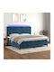 Bed King Size Upholstered with Fabric Dark Blue with Slats & Mattress 200x200cm