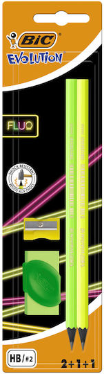 BIC Evolution Fluo Σετ 2 Μολύβια HB με Ξύστρα και Γόμα (Διάφορα Χρώματα)