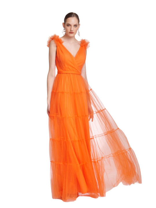 Φόρεμα Bellona τούλινο maxi με ρομαντική διάθεση για Γάμο / Βάπτιση Skylar 57386 Πορτοκαλί