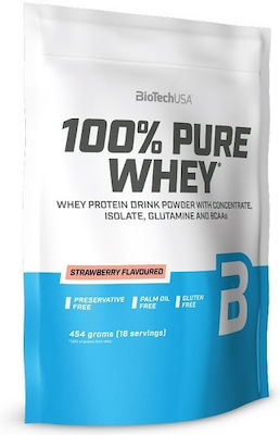 Biotech USA 100% Pure Whey With Concentrate, Isolate, Glutamine & BCAAs Πρωτεΐνη Ορού Γάλακτος Χωρίς Γλουτένη με Γεύση Φράουλα 454gr