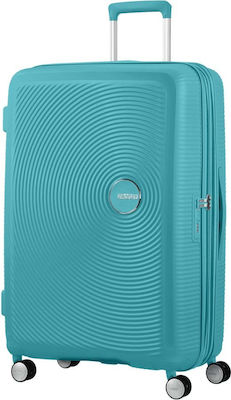 American Tourister Soundbox Spinner Expandable Large Travel Suitcase Hard Turquoise with 4 Wheels Height 77cm.