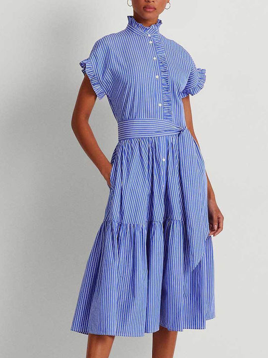 Ralph Lauren Summer All Day Sleeveless Cotton Midi Shirt Dress Light Blue Striped , Regular Fit