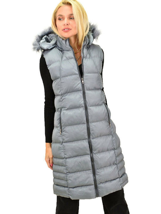 Potre Lang Damen Ärmellos Puffer Jacke mit pelziger Kapuze für Winter Gray