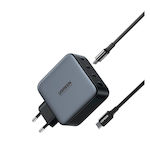 Ugreen Зарядно с вграден кабел GaN (Галуниев нитрид) с USB-A порт и 3 USB-C порта USB-C 100W Доставка на енергия / Бързо зареждане 4.0 Черно (90575)