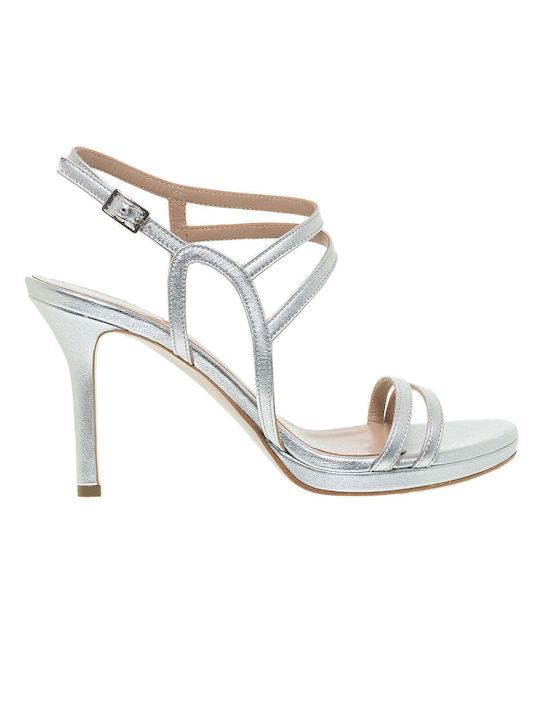 Mourtzi Leder Damen Sandalen mit Chunky mittlerem Absatz in Silber Farbe