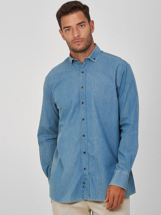 Denim Button Down Modern Fit Shirt by Kaiserhoff, Blue, COTTON BUTTON-DOWN SOLID COLOR ALL DAY, CASUAL, BUSINESS, BLAZER