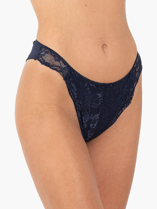 A.A UNDERWEAR Βαμβακερό Γυναικείο Slip με Δαντέλα Navy Μπλε