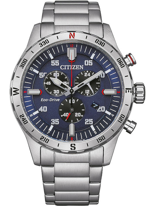 Citizen Ανδρικό Ρολόι 44mm Χρονογράφος Eco - Drive με Ασημί Μεταλλικό Μπρασελέ