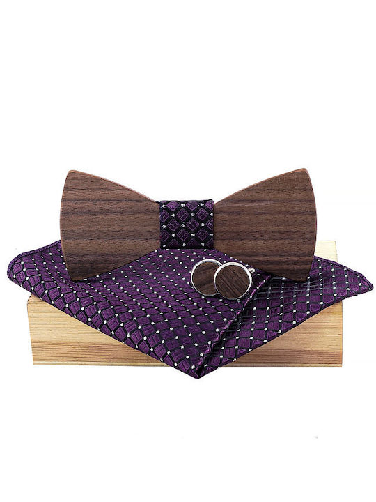 Daponte Wooden Handmade Bow Tie Set with Cufflinks and Pochette Purple