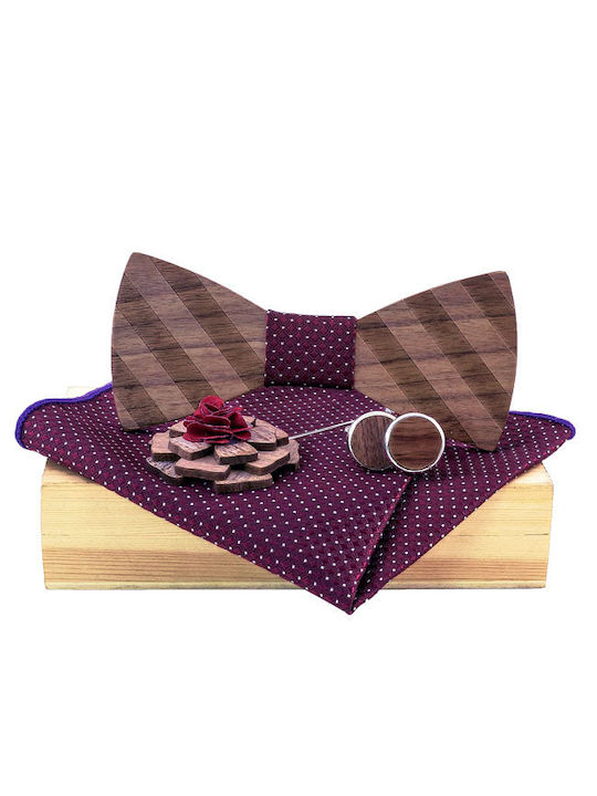 Daponte Handmade Set Papion din lemn cu butoni, batista si ac de cravata Violet