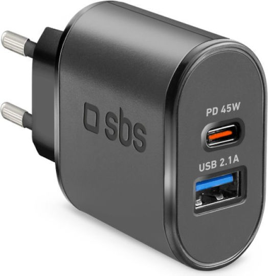 SBS Φορτιστής Χωρίς Καλώδιο με Θύρα USB-C 45W Power Delivery Μαύρος (Sbs Travel Ports Black)