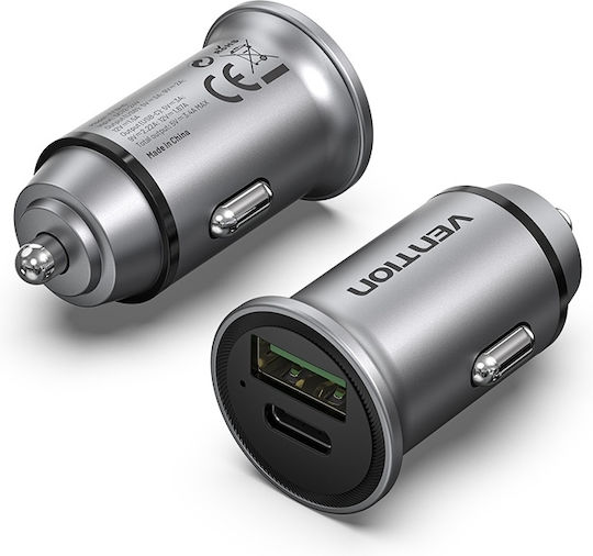 Vention Φορτιστής Αυτοκινήτου 18W με Θύρες: 1xUSB 1xType-C Γκρι