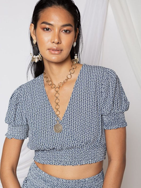 Ady Women's Summer Crop Top Short Sleeve with V Neckline Navy Blue