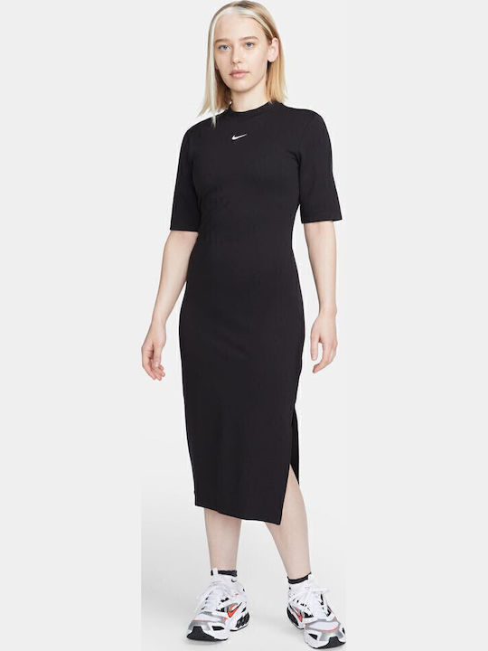 Sportswear Midi Φόρεμα Πλεκτό με Σκίσιμο Μαύρο