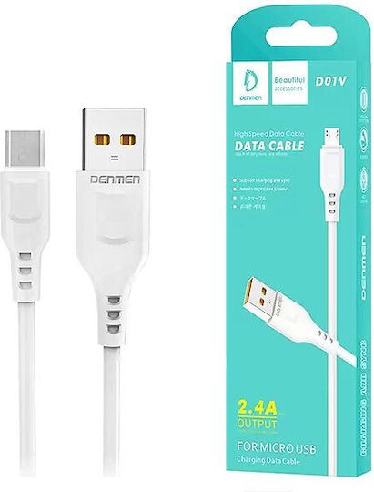 Denmen D01T Regular USB 2.0 to micro USB Cable Λευκό 1m