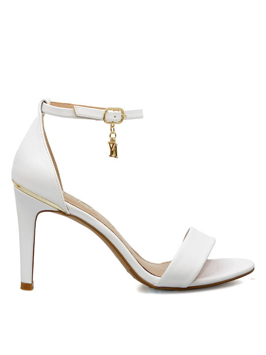 Exe Leather Women's Sandals with Ankle Strap White with Thin High Heel