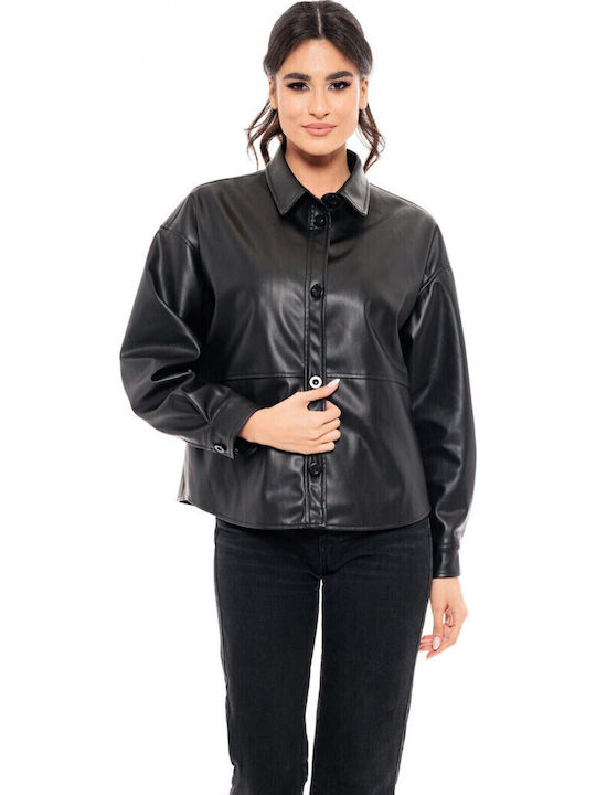 -6 Women's Short Biker Artificial Leather Jacket for Winter Black