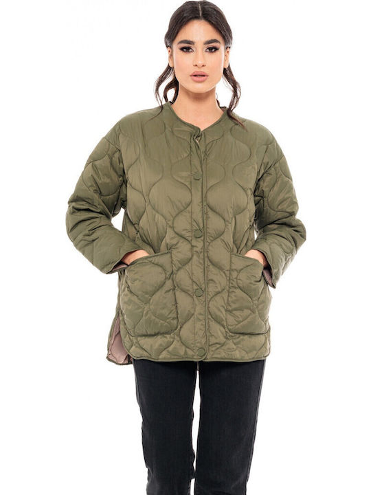 -16 Kurz Damen Puffer Jacke für Winter Khaki