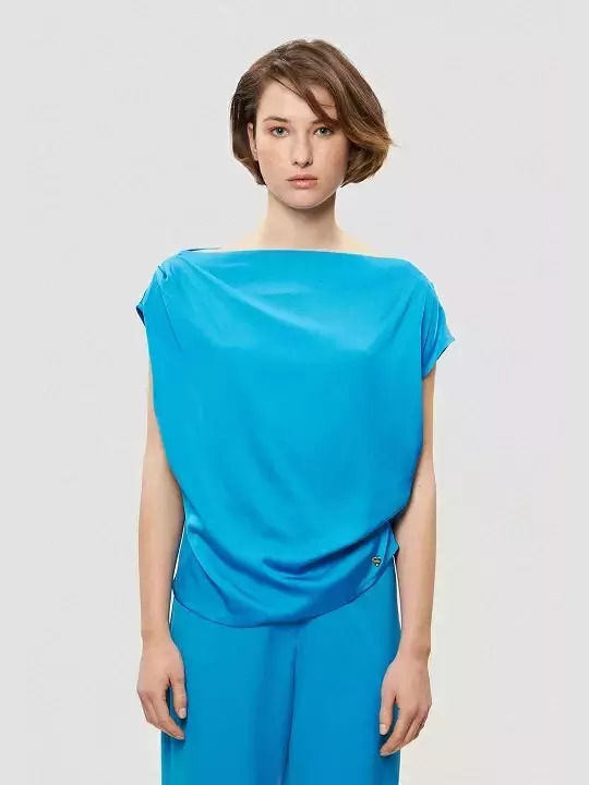 Desiree Women's Summer Blouse Short Sleeve Drape Blue