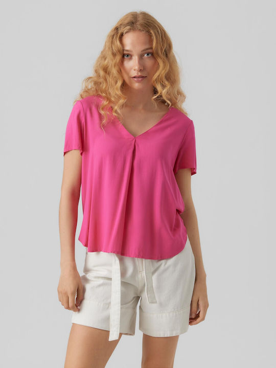 Vero Moda Bluza de Damă de Vară Mâneci scurte cu Decolteu în V Pink Yarrow