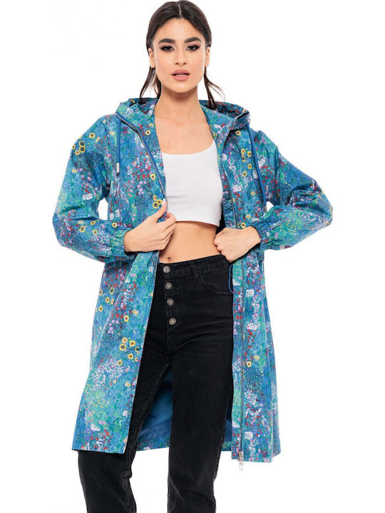 Damen Blue Printed Kurzmantel mit Reißverschluss