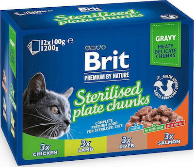 Brit Premium Sterilised Plate Chunks Wet Food for Neutered Adult Cat in Pouch with Lamb, Chicken, Salmon and Liver 12x100gr 305518