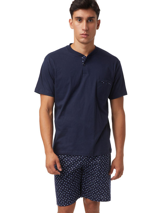 Minerva Men's Summer Cotton Pajamas Set Navy Blue