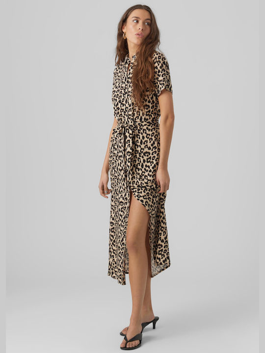 Vero Moda Midi Καλοκαιρινό All Day Φόρεμα Κοντομάνικο Animal Print